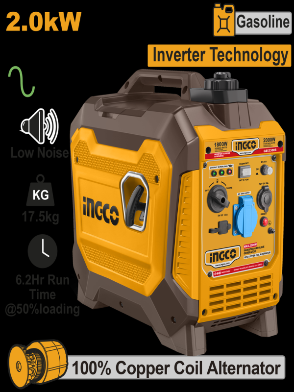 Generador de Gasolina Silencioso Ingco 2.000 w. 