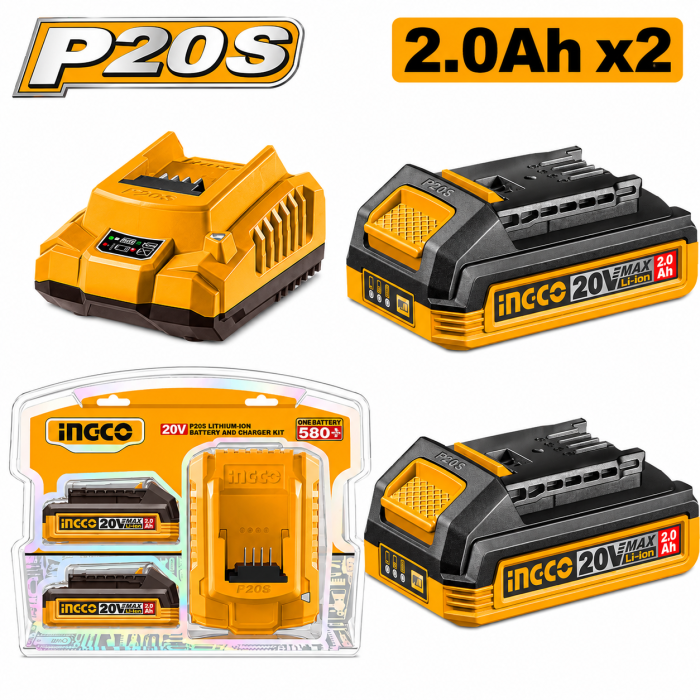 PACK 2 BATERIAS 2.0 Ah + CARGADOR 20V INGCO 