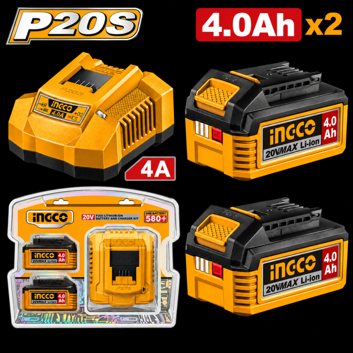 PACK 2 BATERIAS 4.AH + CARGADOR 20 V INGCO 