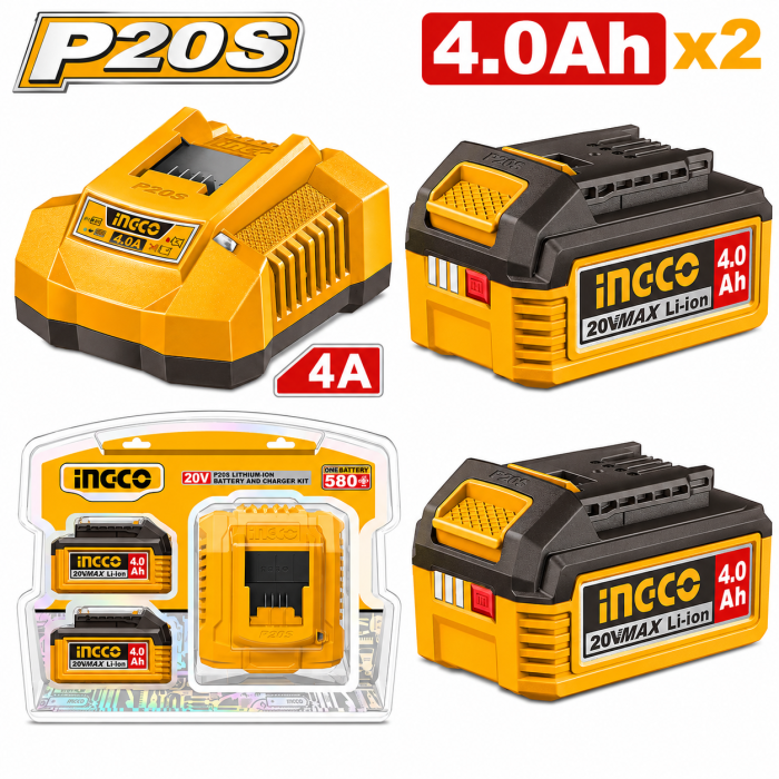 PACK 2 BATERIAS 4.AH + CARGADOR 20 V INGCO 