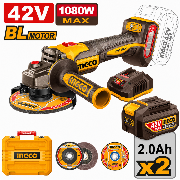 AMOLADORA 1080W 42 V 115mm. INGCO Con 2 Baterias y Cargador 