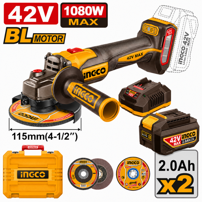 AMOLADORA 1080W 42 V 115mm. INGCO Con 2 Baterias y Cargador 