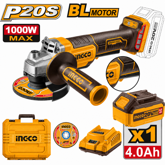AMOLADORA 115mm 1000W 20 V INGCO con Bateria Y Cargador 