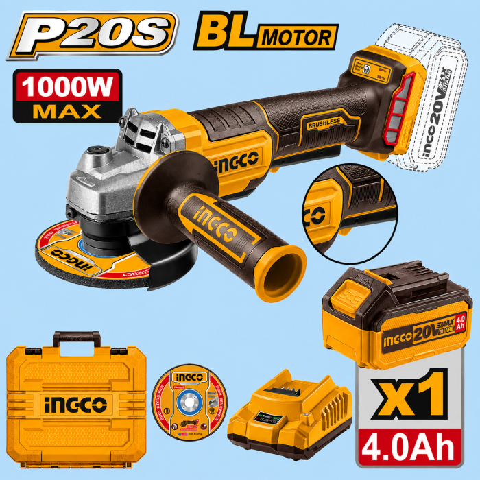 AMOLADORA 115mm 1000W 20 V INGCO con Bateria Y Cargador 