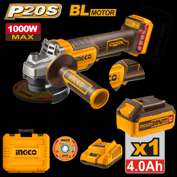 AMOLADORA 115mm 1000W 20 V INGCO con Bateria Y Cargador 