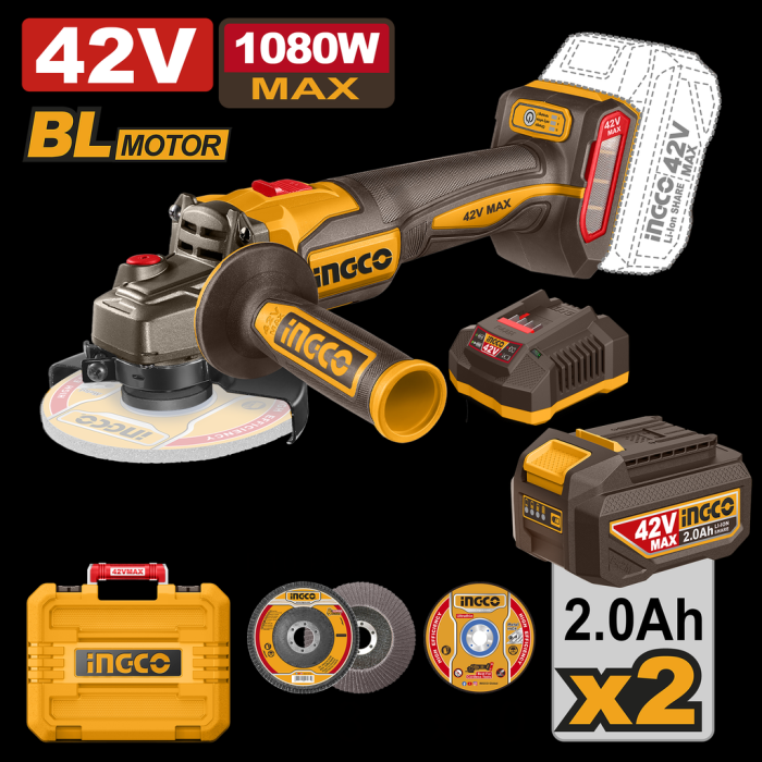 AMOLADORA 1080W 42 V 115mm. INGCO Con 2 Baterias y Cargador 