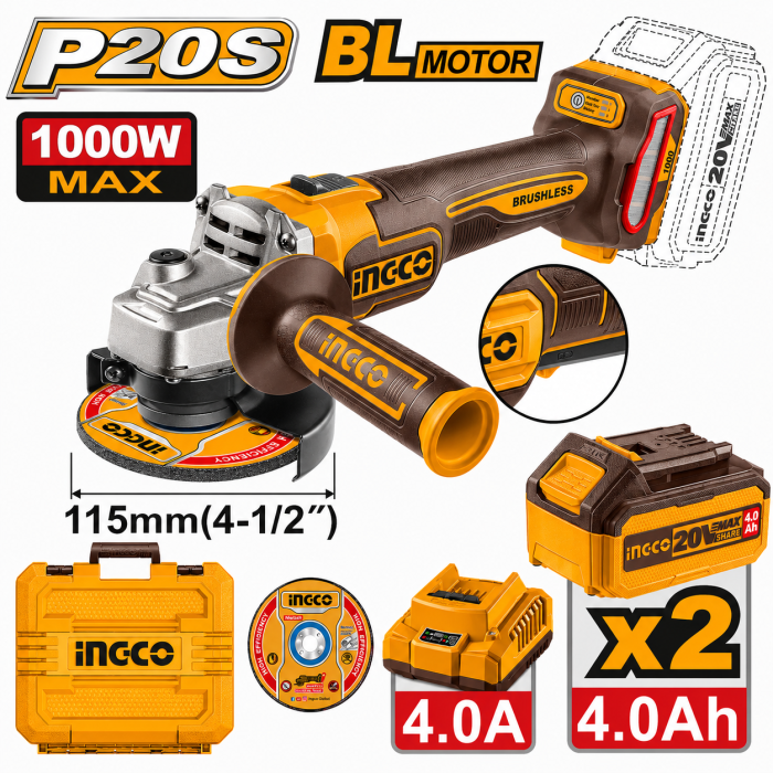 AMOLADORA 115mm 1000W 20 V Con 2 Bateria y Cargador 